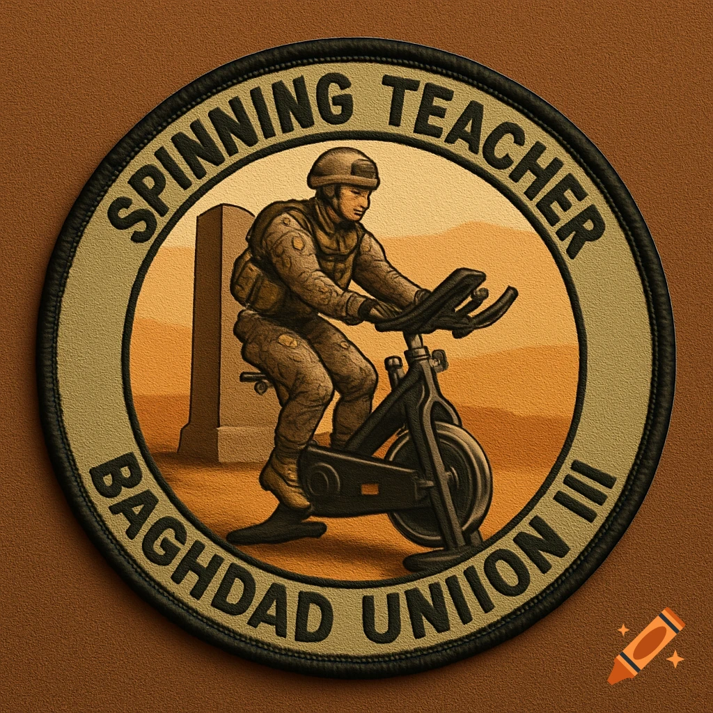 Circular patch depicts a soldier in desert camouflage on a spinning bike with a desert background. Text: 'Spinning Teacher Baghdad Uniion III'.