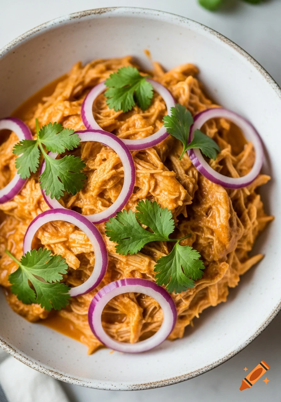Overhead view of Chipotle Cream Chicken Tinga in a rustic white bowl, garnished with cilantro and red onions.