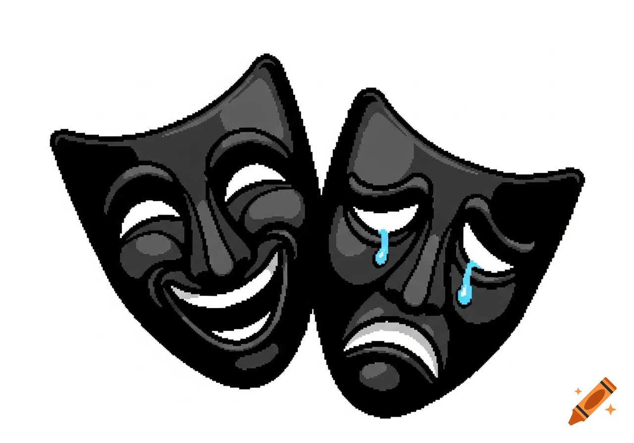Two black theatrical masks, one smiling and one crying with blue tears, in pixel art style on a white background.