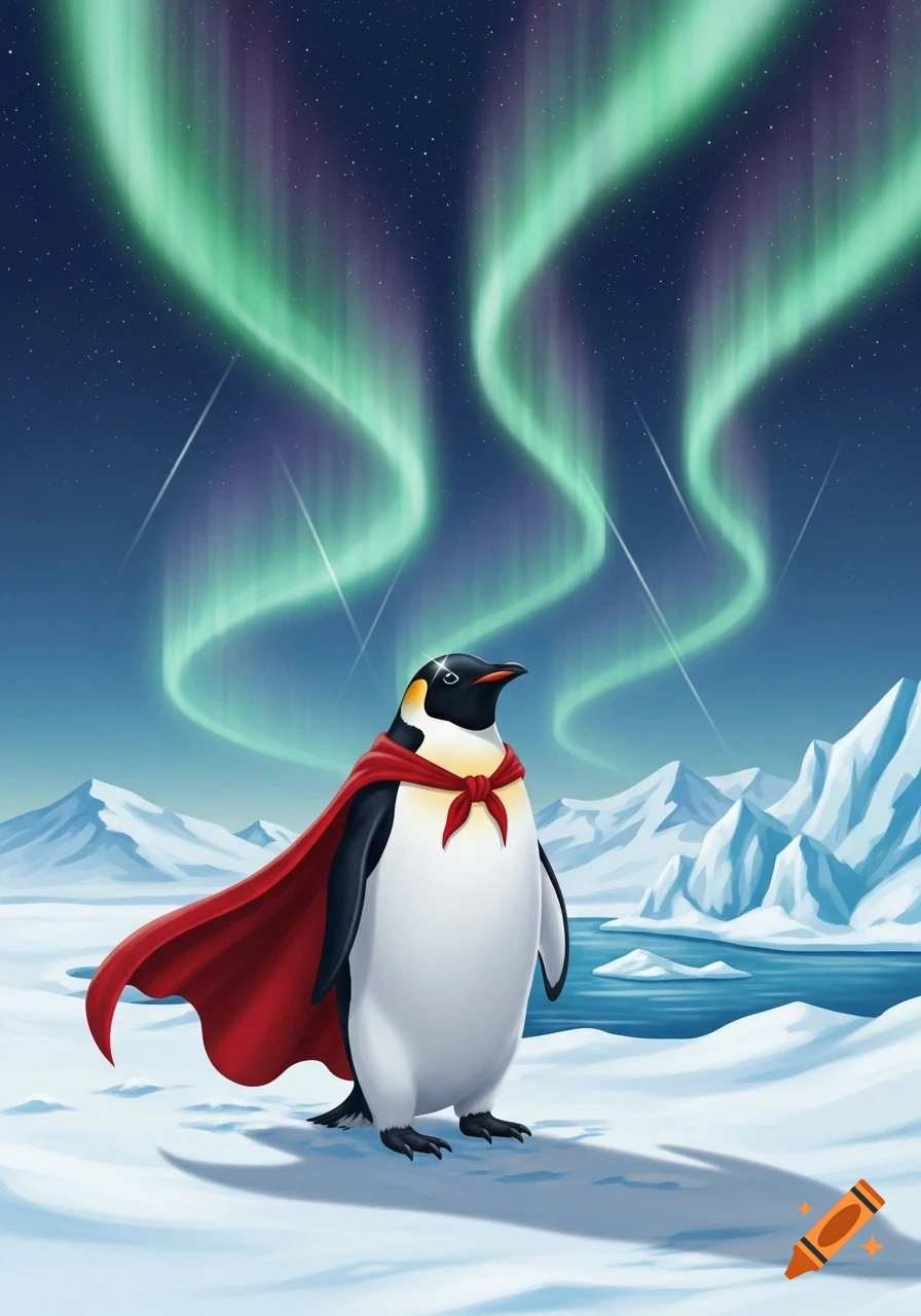 An illustration of a cartoon emperor penguin wearing a red superhero cape, standing in a snowy arctic landscape under a sky with green aurora borealis.