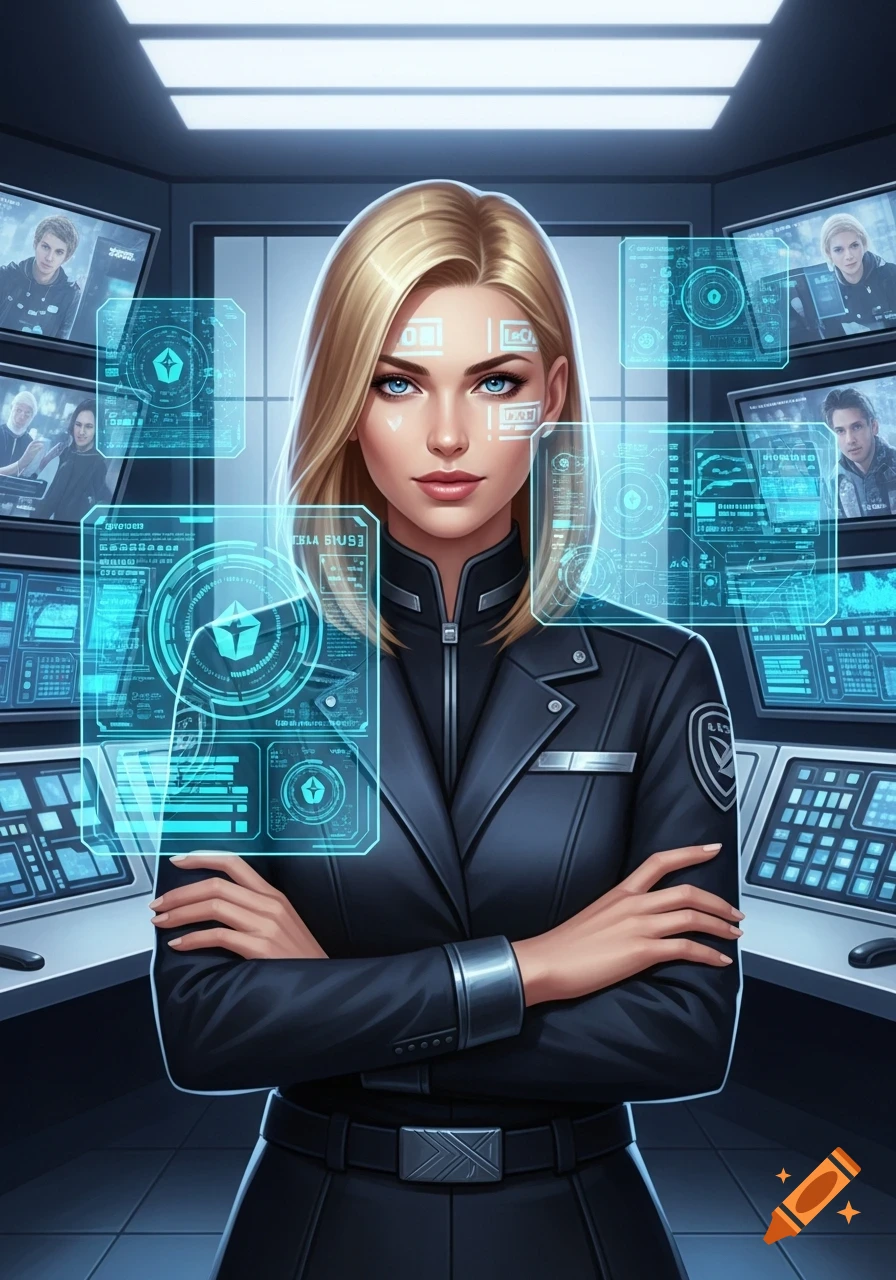A blond woman in a dark security uniform stands with crossed arms in a futuristic control room with glowing blue holographic interfaces.