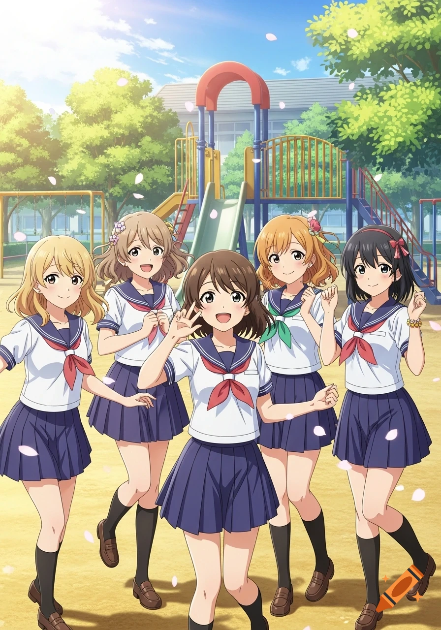 Five smiling anime schoolgirls in sailor uniforms stand in a sunny playground with cherry blossoms falling.