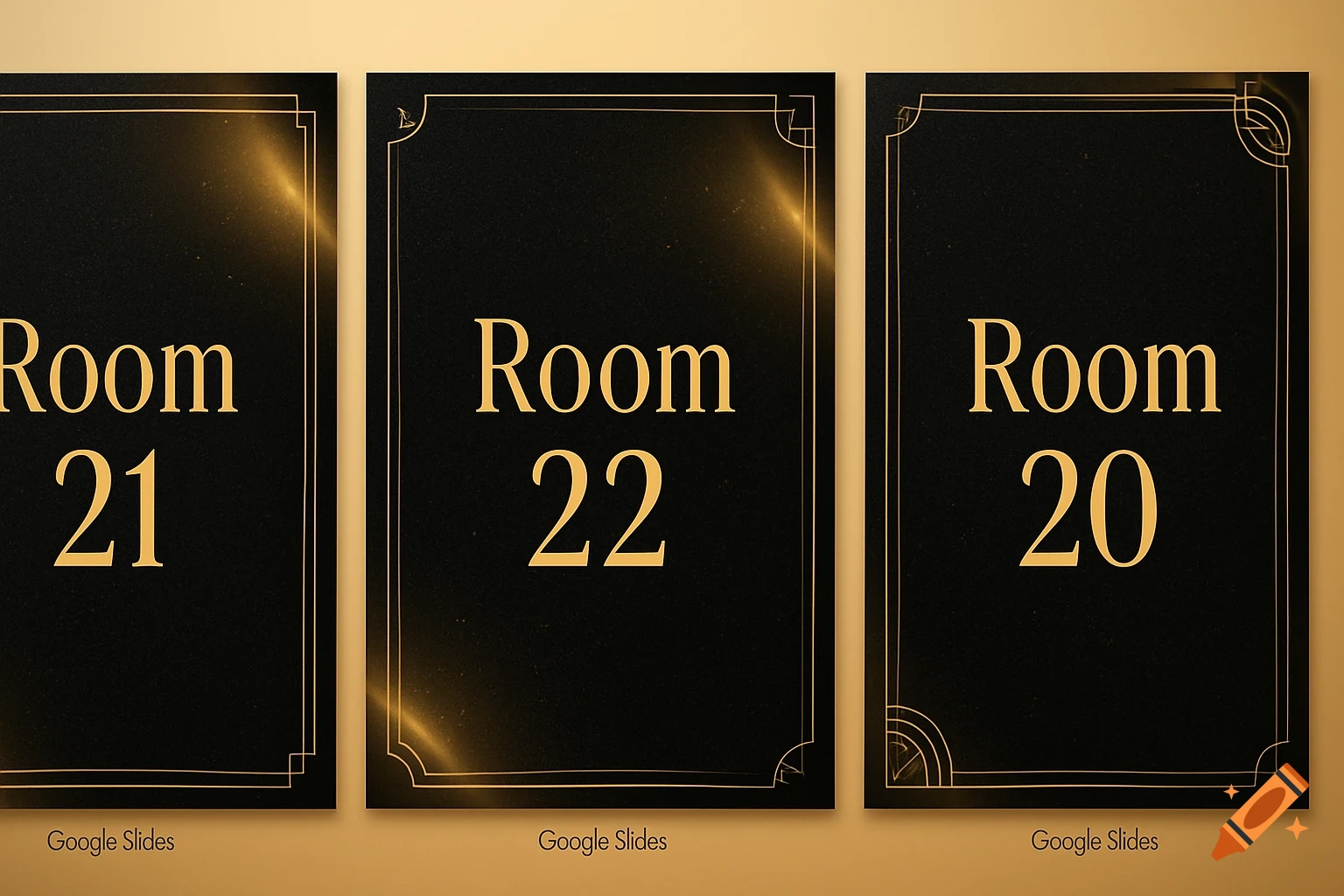 Three black Art Deco-style room signs with gold borders and text reading 'Room 21', 'Room 22', and 'Room 20' on a gold background.