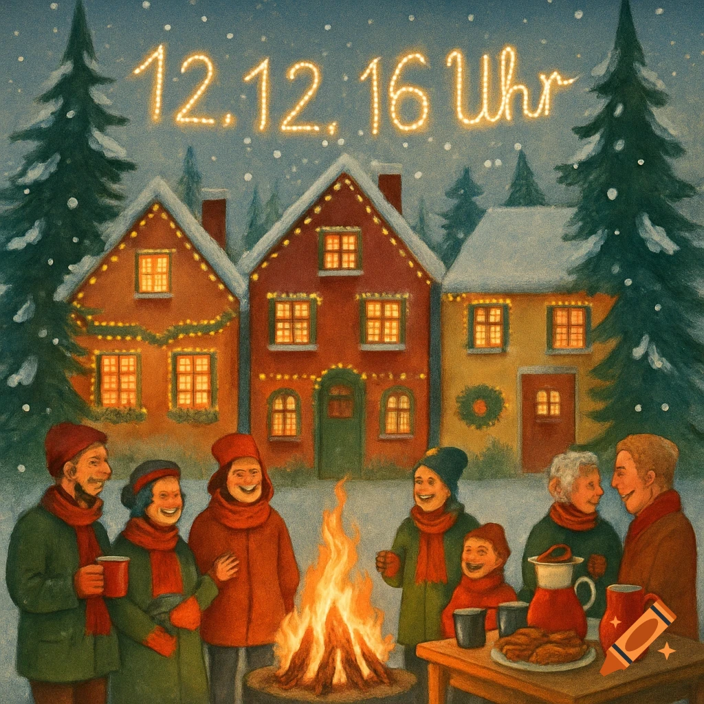 A festive winter illustration shows people gathered around a campfire in front of snow-covered houses, with "12.12. 16 Uhr" written in glowing text above.