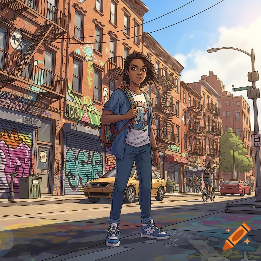 A young person with a backpack stands on a city street lined with graffiti-covered buildings, in a comic art style.
