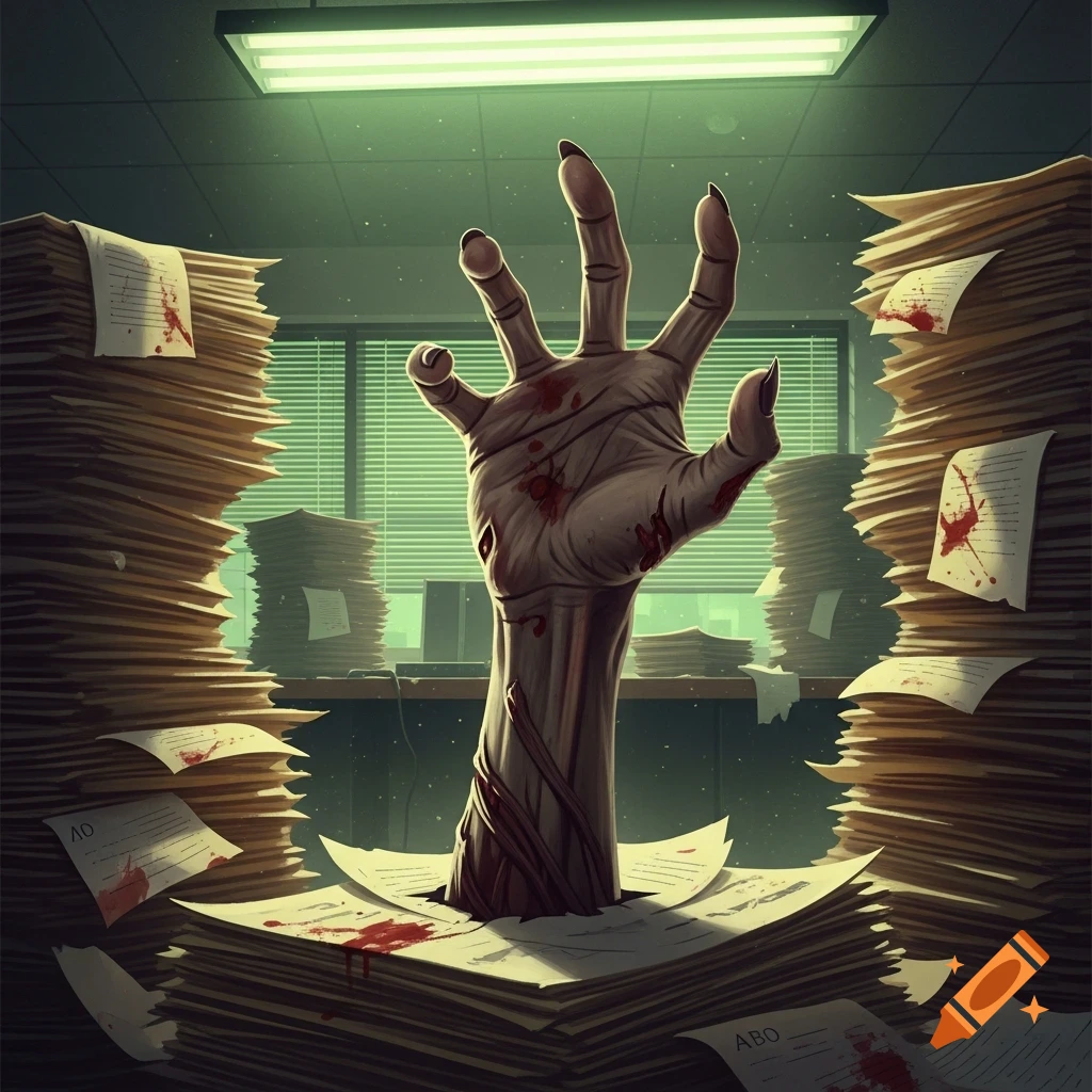 A stylized, bloody zombie hand reaches upwards from a large pile of paperwork on an office desk, under a green fluorescent light.