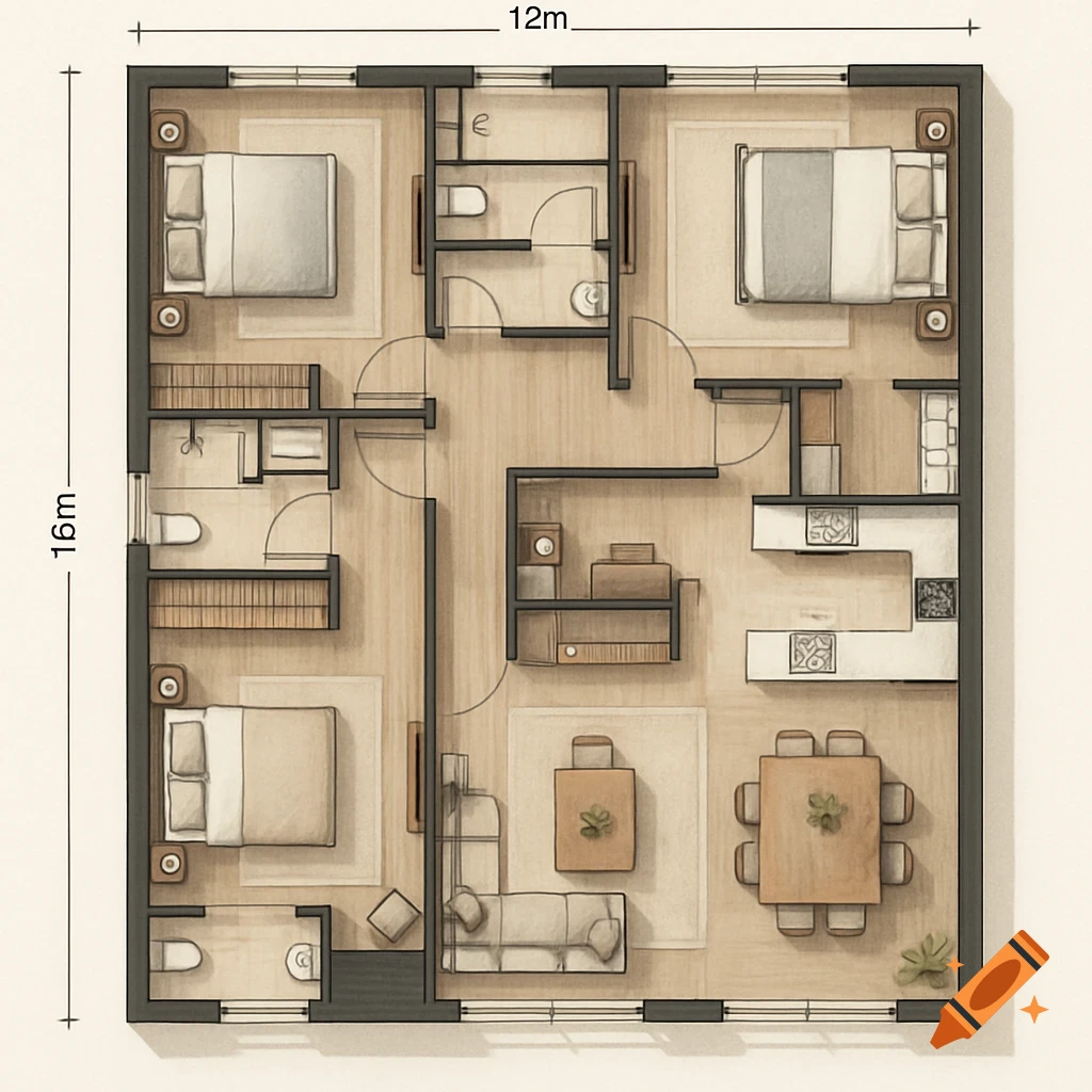 Top-down view of a 12m x 16m floor plan featuring three bedrooms, multiple bathrooms, a kitchen, and living areas with furniture.