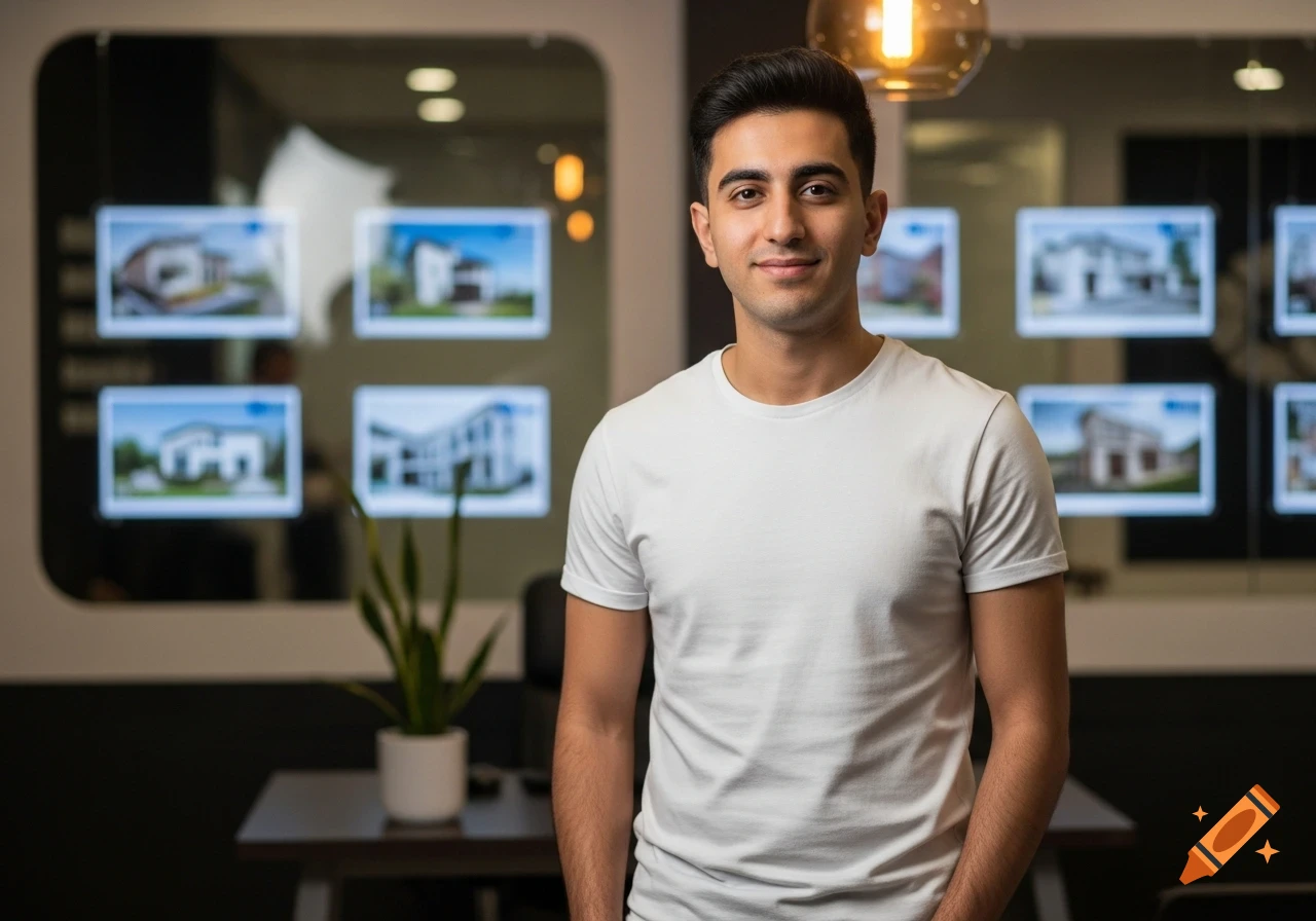 Photorealistic portrait of a young Persian man smiling in a real estate office with blurred house listings in the background.