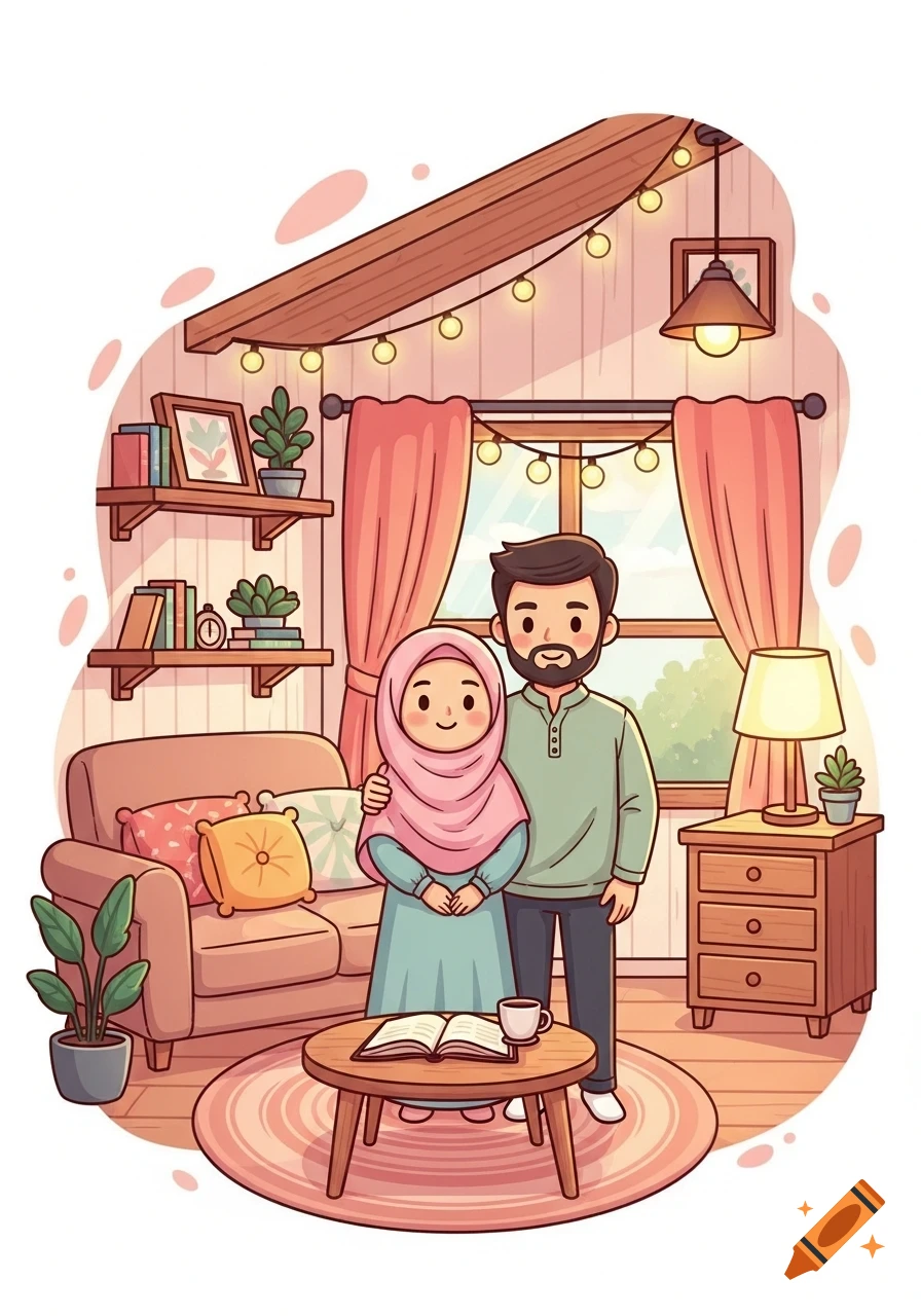 A cartoon illustration of a smiling Muslim couple, a woman in a pink hijab and a man with a beard, in a cozy living room.