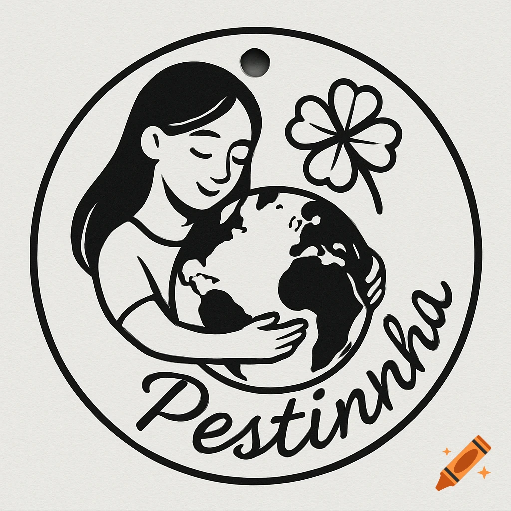 Black and white logo of a woman hugging the earth, with a four-leaf clover and the text "Pestinha".