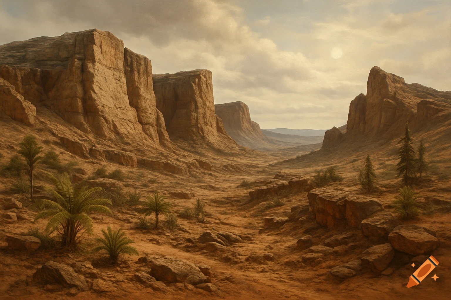 A vast desert canyon with towering reddish-brown rock formations, sparse palm-like plants, and a cloudy sky with a hazy sun.
