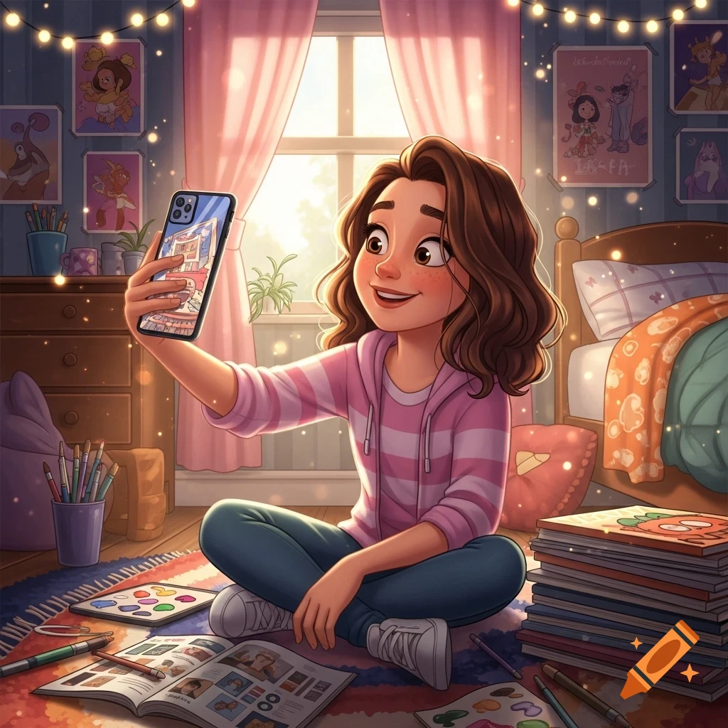 Cartoon girl with brown hair taking a selfie with her phone in a cozy, sunlit room filled with art and books.