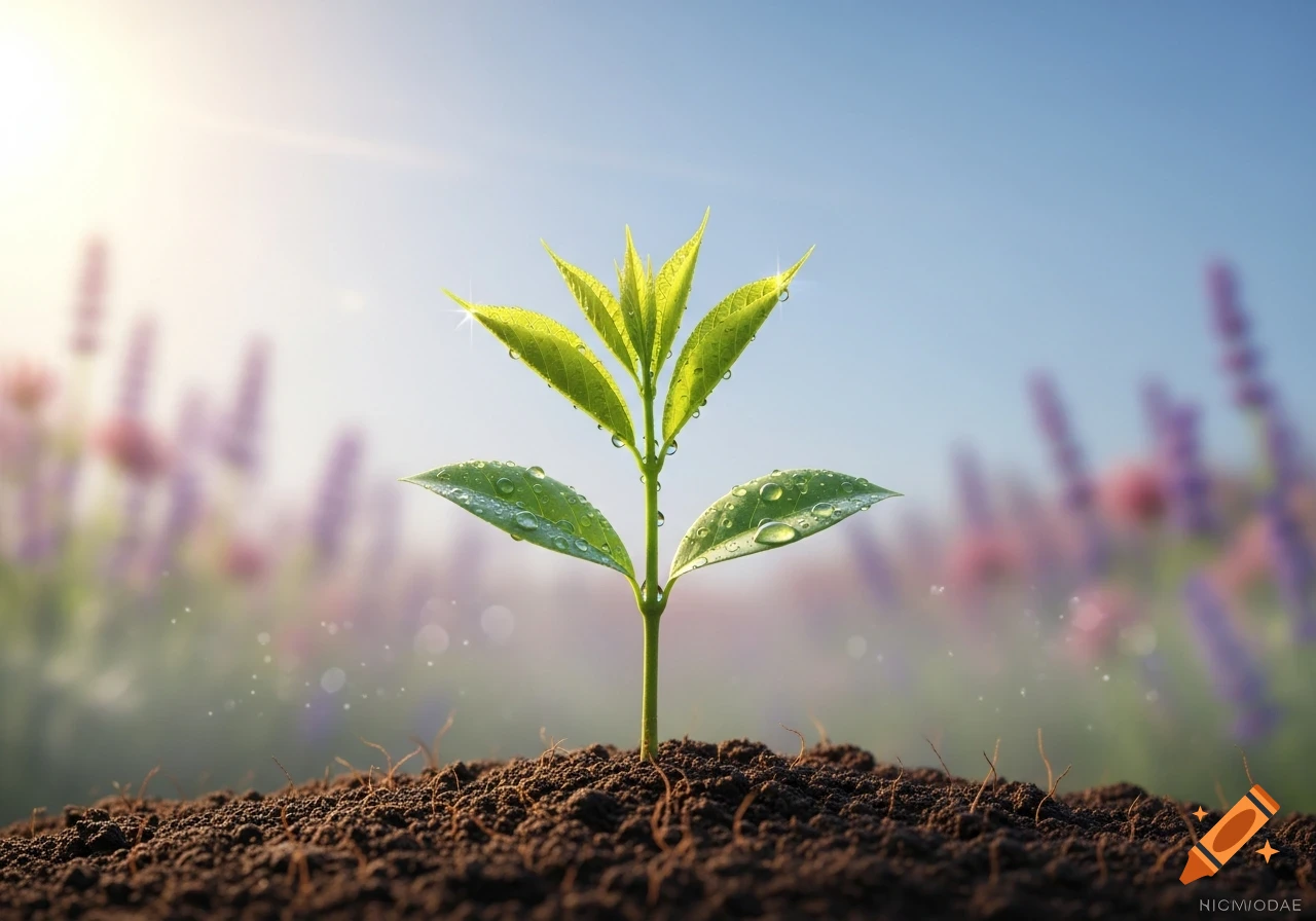 A vibrant green sapling with dewdrops grows from rich soil, backlit by sunlight against a soft-focus background of purple flowers and blue sky.