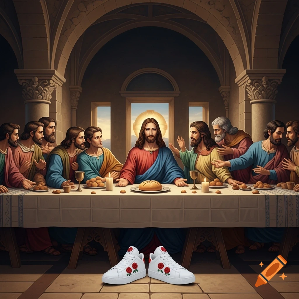 A painting of Jesus and his disciples at a long table in an arched hall, with a pair of white sneakers decorated with red roses on the floor.