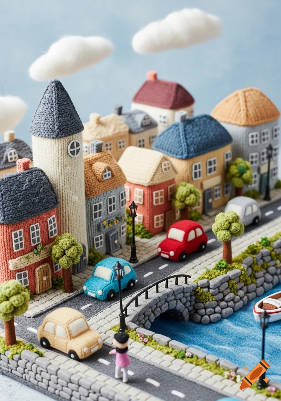 A detailed yarn and felt diorama of a cozy miniature town with colorful knitted houses, cars, trees, a bridge, and a river.