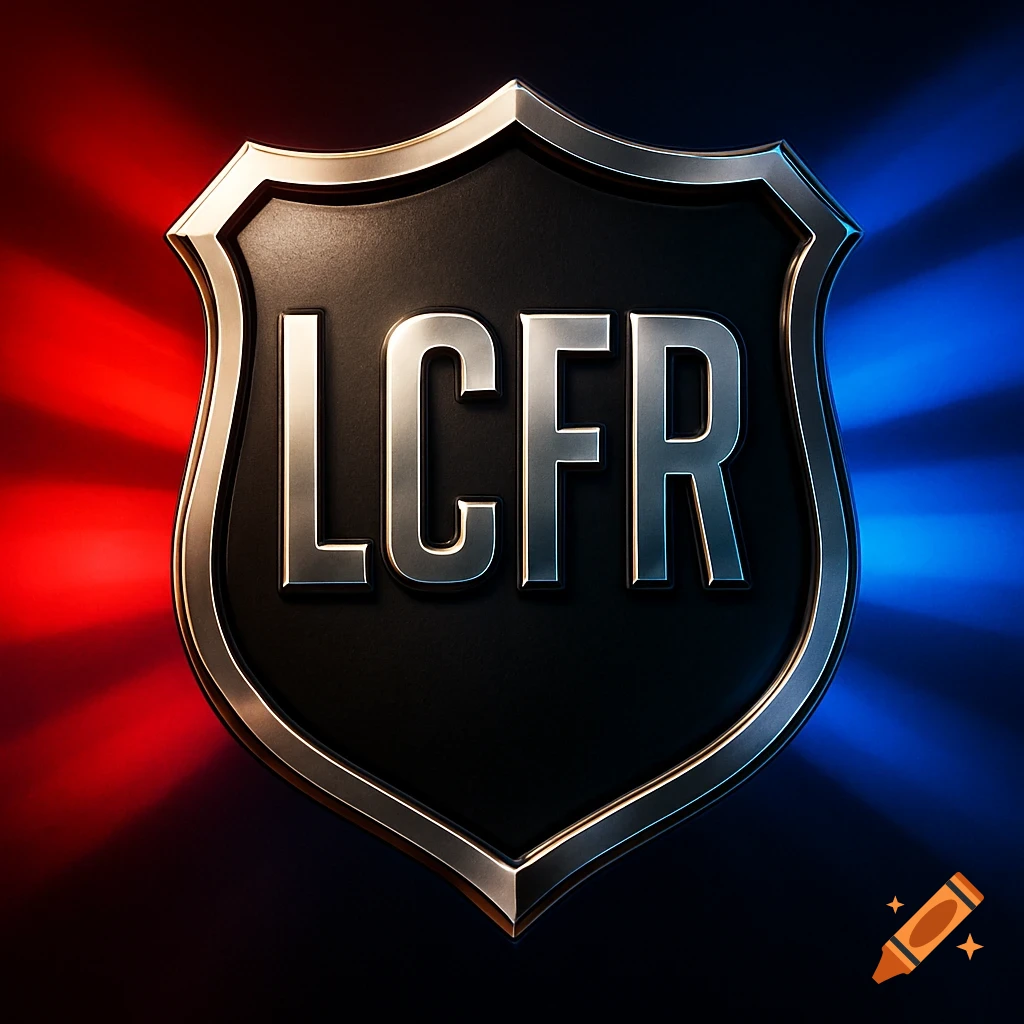 Metallic shield badge with 'LCFR' text, set against a background of red and blue light rays.