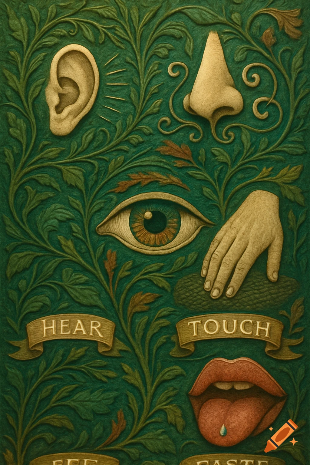 An ornate illustration of the five senses with an ear, nose, eye, hand, and mouth on a green foliage background, with 'HEAR' and 'TOUCH' text.