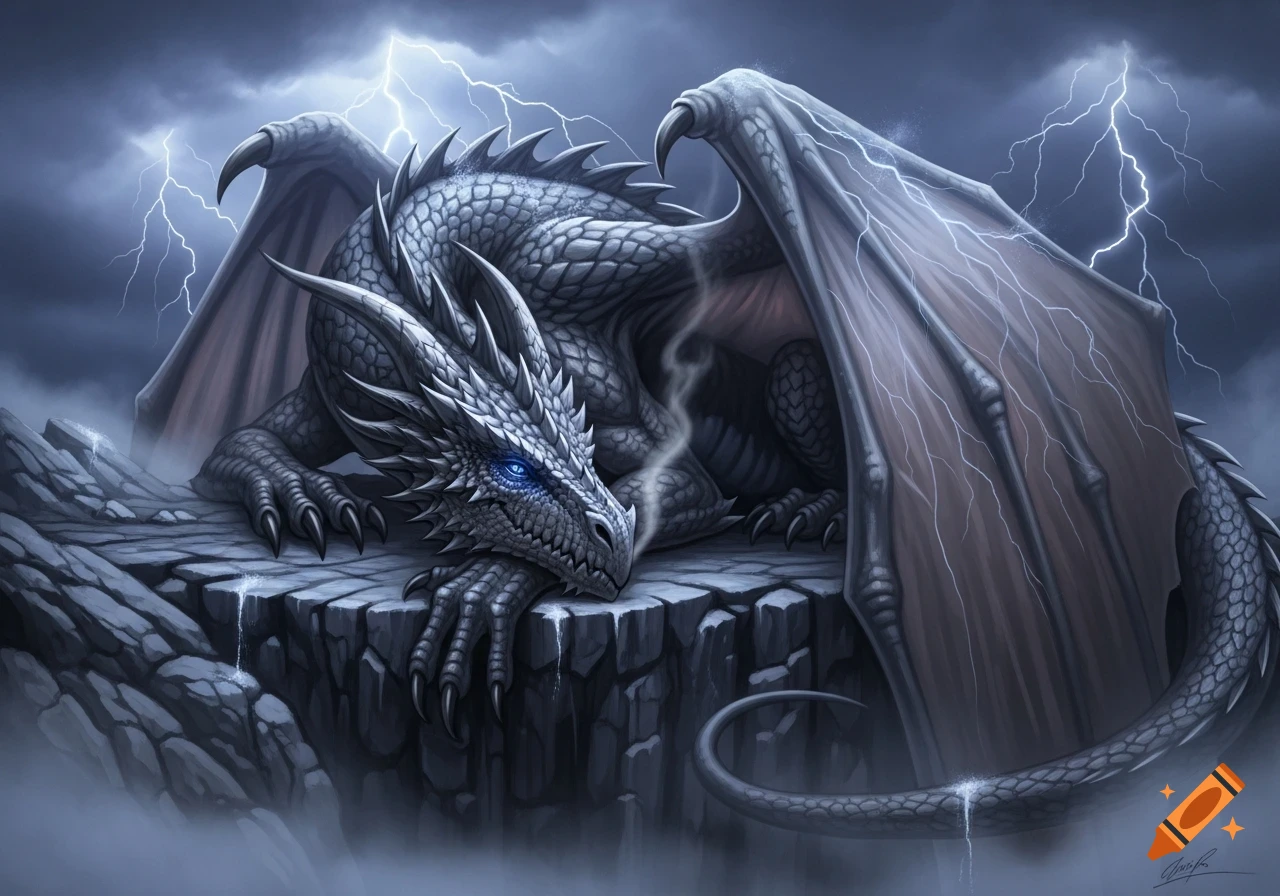 White-scaled dragon with glowing blue eyes rests on a rocky cliff under a dark, stormy sky with lightning, digital art.