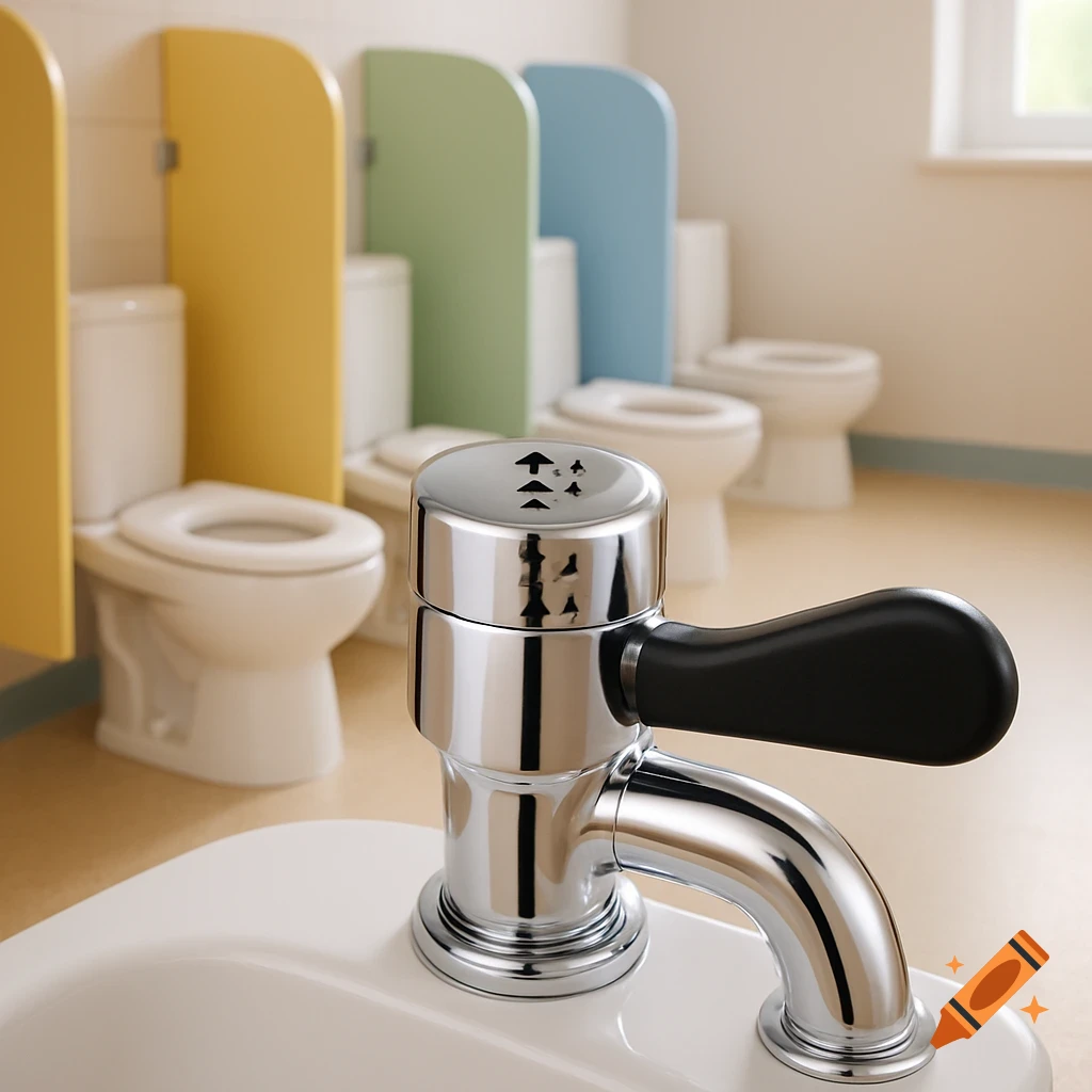 A realistic 3D render of a child-sized bathroom. In the foreground, a shiny chrome dual-flush faucet with a black handle is shown on a small toilet bowl. In the background are other child toilets with colorful partitions.