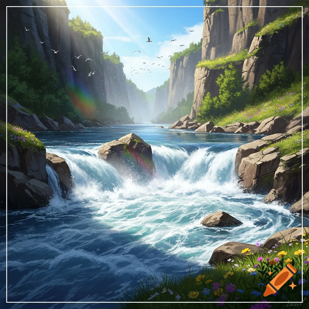 A vibrant stylized illustration of a river with multiple waterfalls cascading between rocky cliffs and lush green banks under a sunny sky.