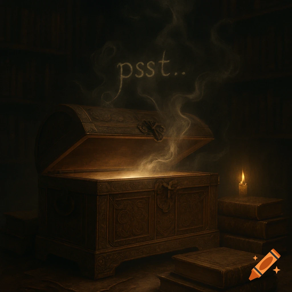 An open antique chest with a glowing light and 'psst..' spelled in smoke, surrounded by old books and a lit candle in a dark room.