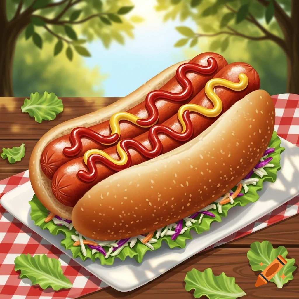 Stylized illustration of two hot dogs with ketchup and mustard on a bun, on a plate on a picnic table.