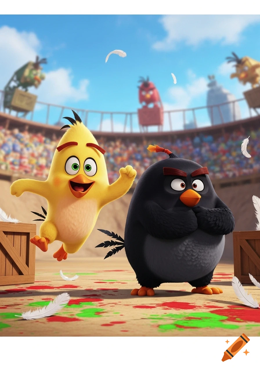 Chuck leaps excitedly beside a grumpy Bomb in a 3D animated Angry Birds arena, with feathers and splatters on the ground.