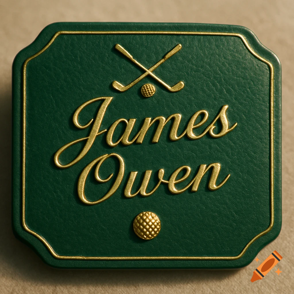 A green golf nametag with golden raised lettering that reads 'James Owen' and two crossed golf clubs with a golf ball.