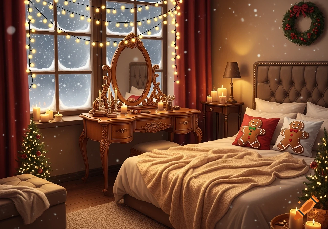 A cozy Christmas bedroom with gingerbread pillows, a dressing table, string lights, and snow falling outside the window.