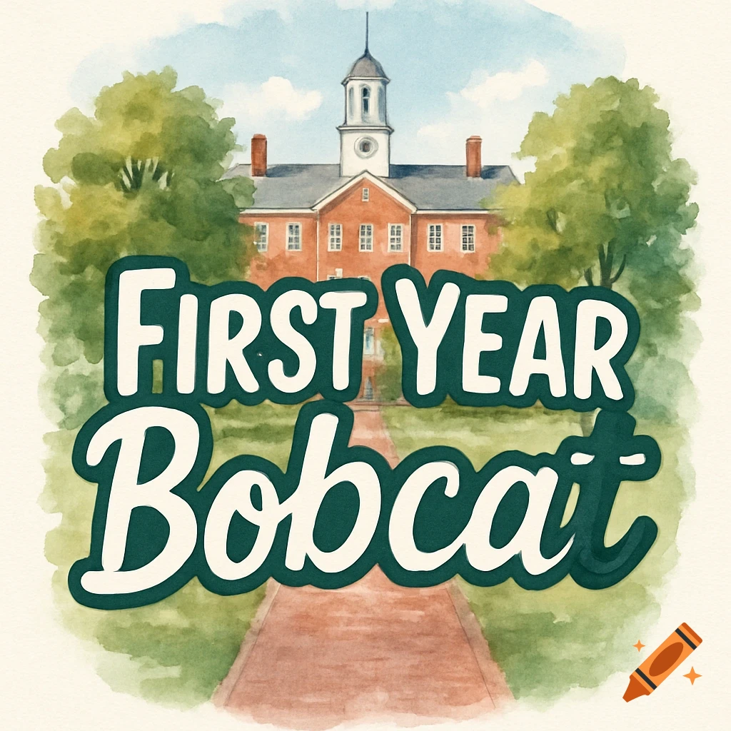 Watercolor illustration of a university building with a path leading to it, and large text 'First Year Bobcat' in the foreground.