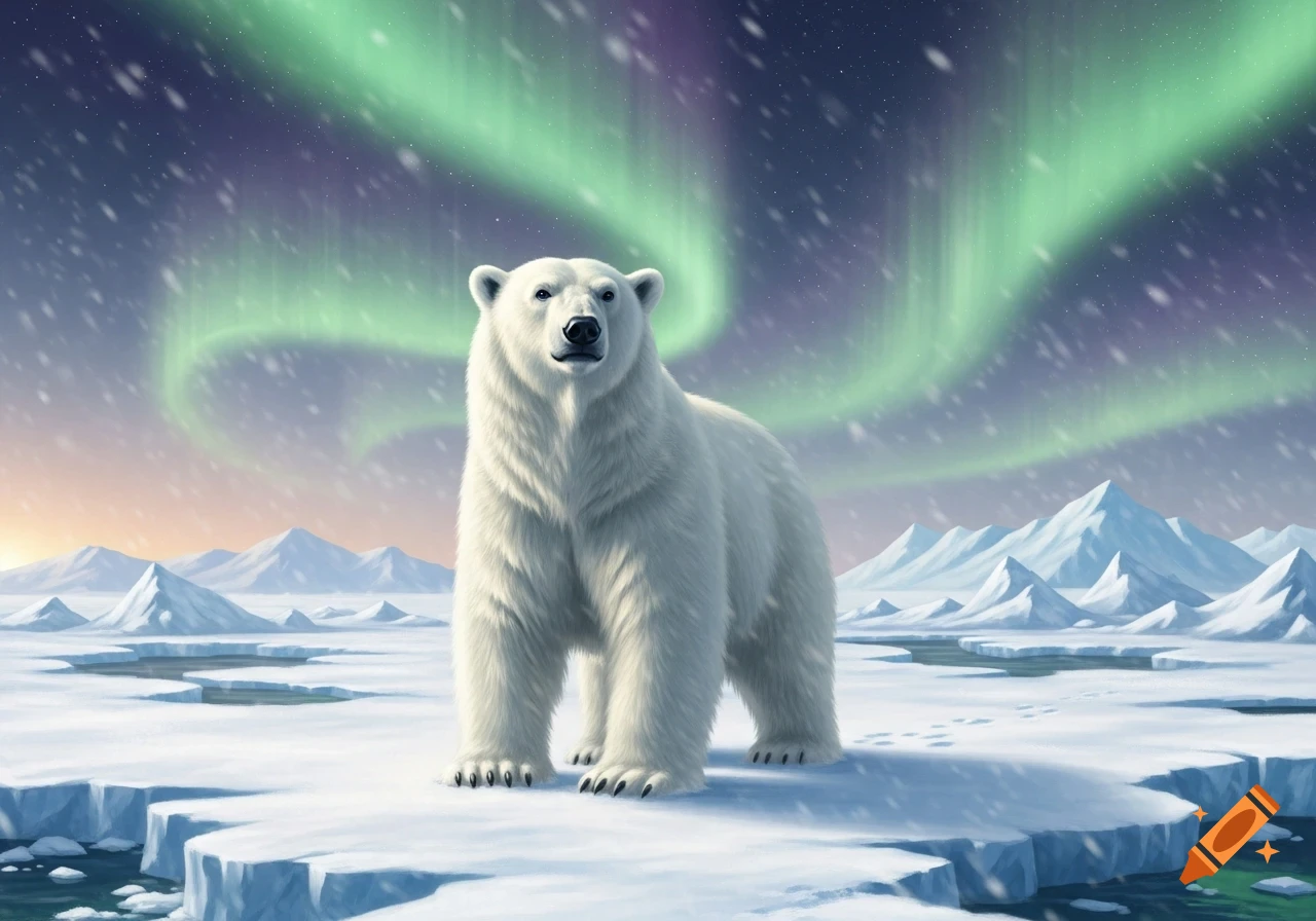 A majestic polar bear stands on an ice floe under a vivid green aurora borealis and a snowy sky.