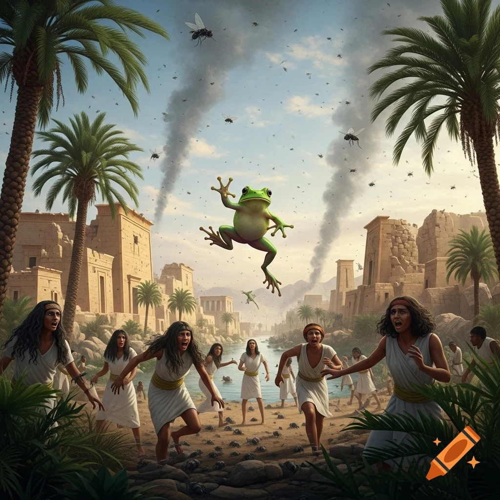 Ancient Egyptians fleeing frogs and swarms of flies in a ruined city by the Nile, with palm trees and temples.