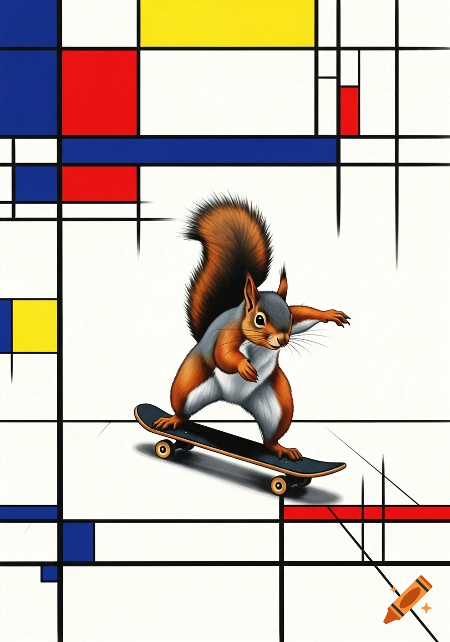A stylized squirrel on a skateboard, set against a white background with black lines and primary color blocks in the style of Piet Mondrian.
