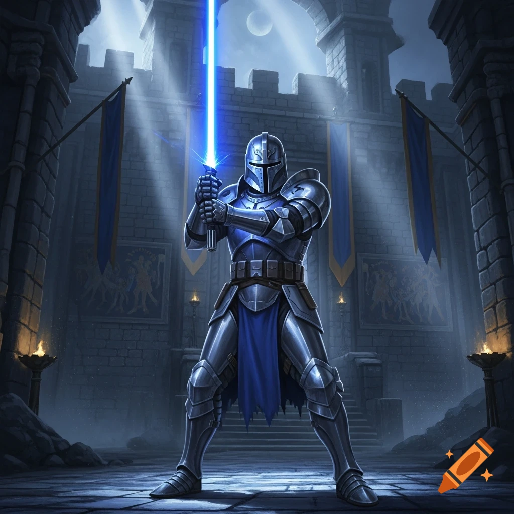 A knight in blue and silver armor holds a glowing blue lightsaber in front of a stone castle with banners under moonlight.