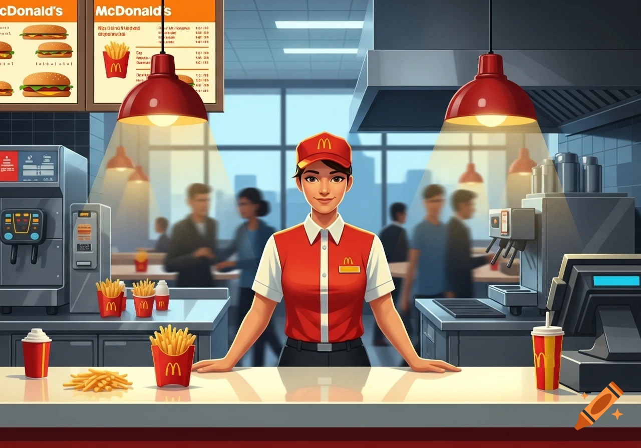 An illustrated McDonald's employee smiles behind a counter with fries and drinks, blurred customers in the background.