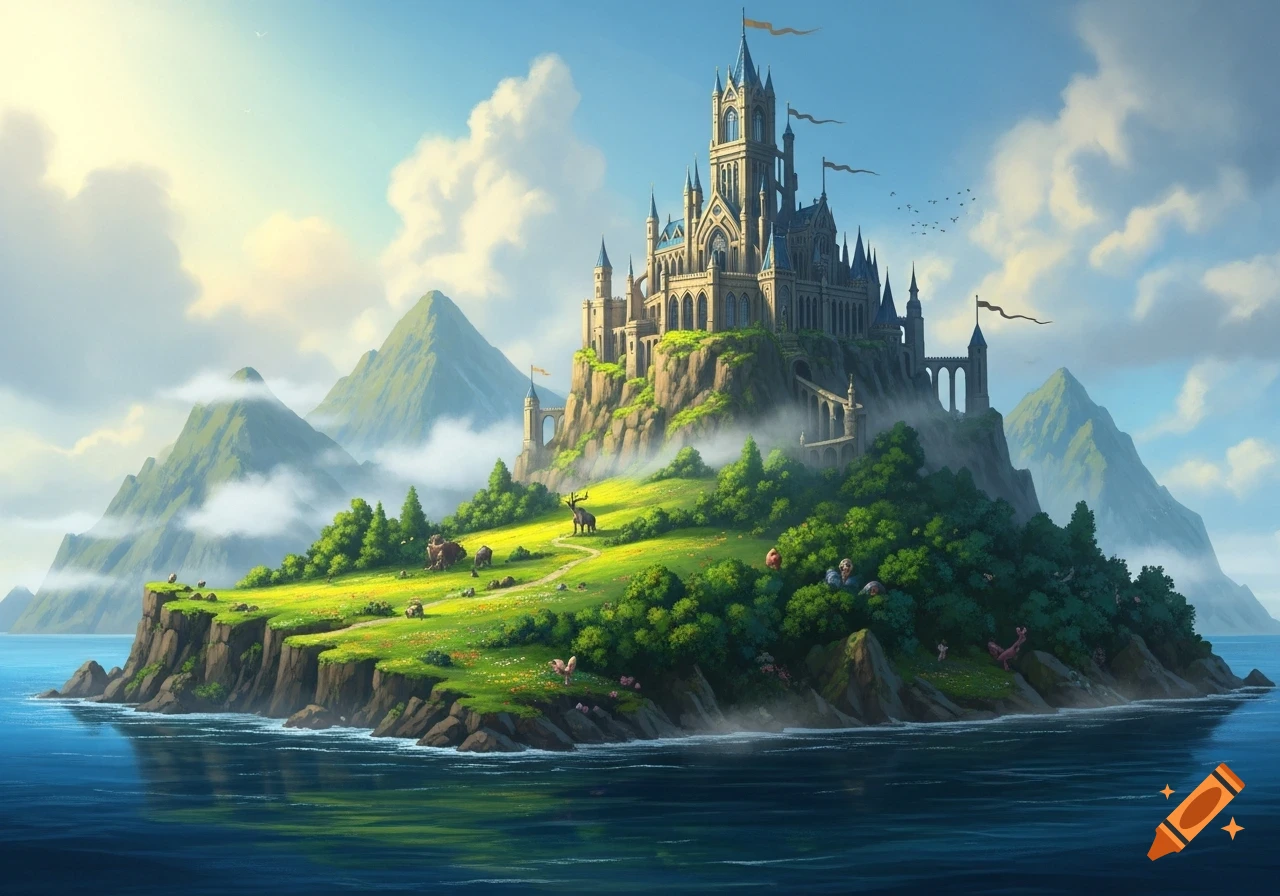 A majestic fantasy castle sits atop a vibrant green island surrounded by calm blue water, with misty mountains and a bright sky.