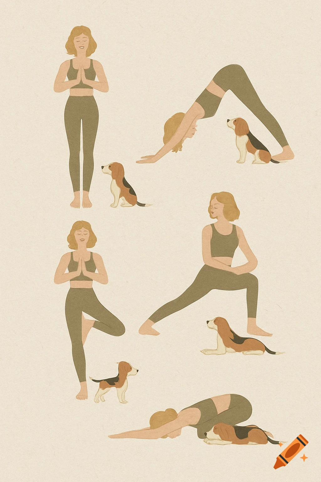 Minimalist illustration of a woman in olive green yoga attire doing six yoga poses with a beagle dog. The background is textured cream paper.