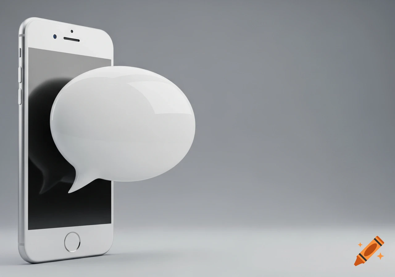 A white smartphone with a large, glossy white speech bubble emerging from its screen, on a grey background. 3D render.