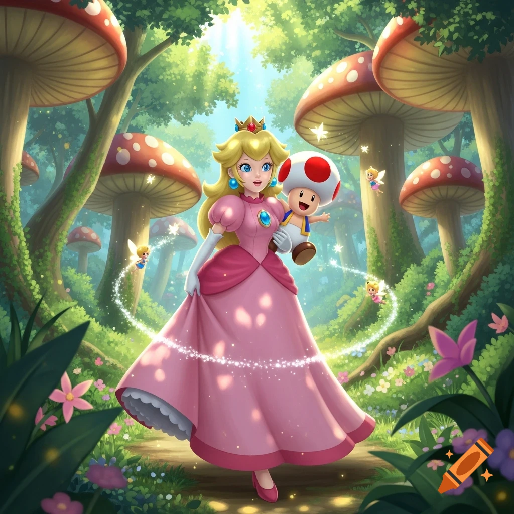 Princess Peach holds Toad in a whimsical forest filled with giant mushrooms and small fairies.