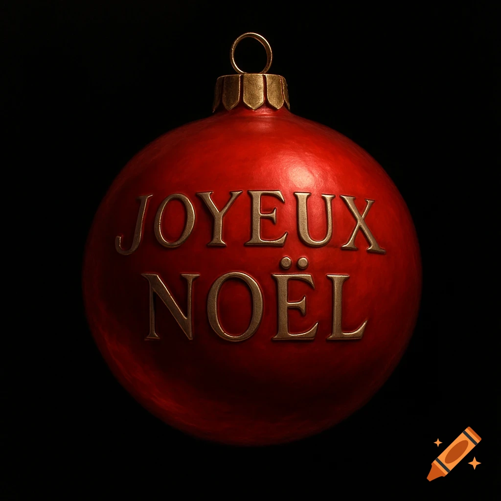 Photorealistic red Christmas bauble with 'JOYEUX NOËL' in gold embossed text on a black background.
