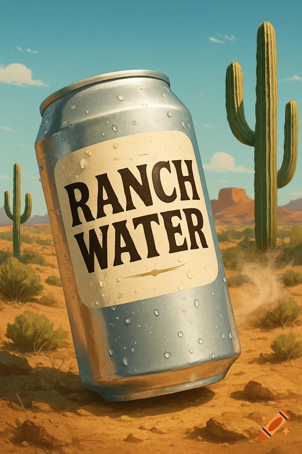 A silver can with "RANCH WATER" on a label, covered in condensation, sits in a sunny desert landscape with cacti and mesas.