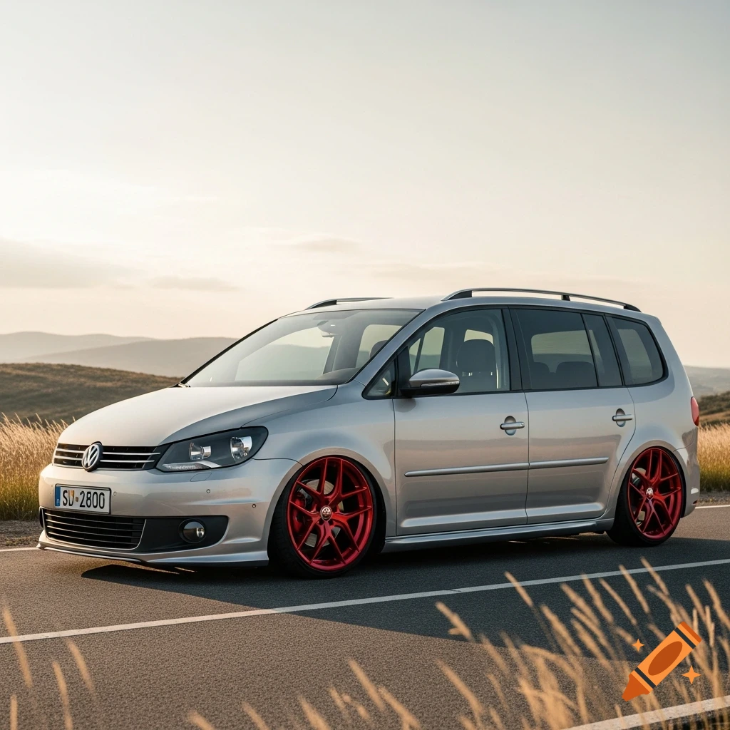 Silver Volkswagen Touran minivan with red wheels and lowered suspension on a road at sunset, with fields and mountains.