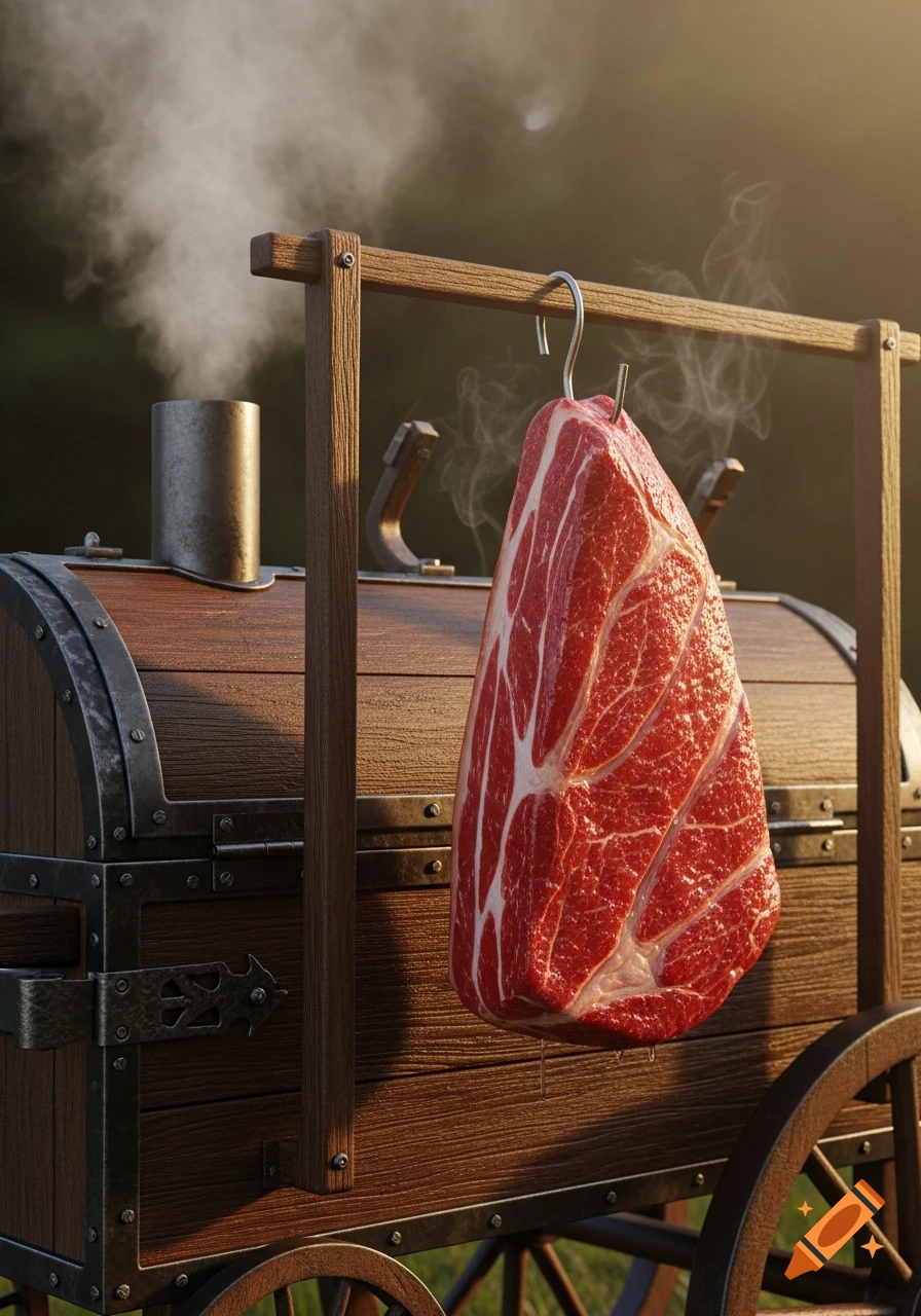 A large raw cut of meat hangs from a hook above a wooden smoker wagon with smoke rising from its chimney, photorealistic.