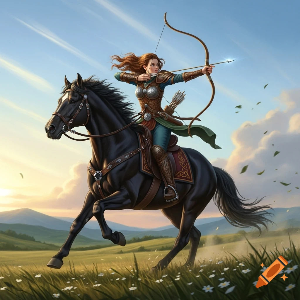 A fantasy woman in armor on a black horse aims a bow with a glowing arrow across a grassy field at sunset.