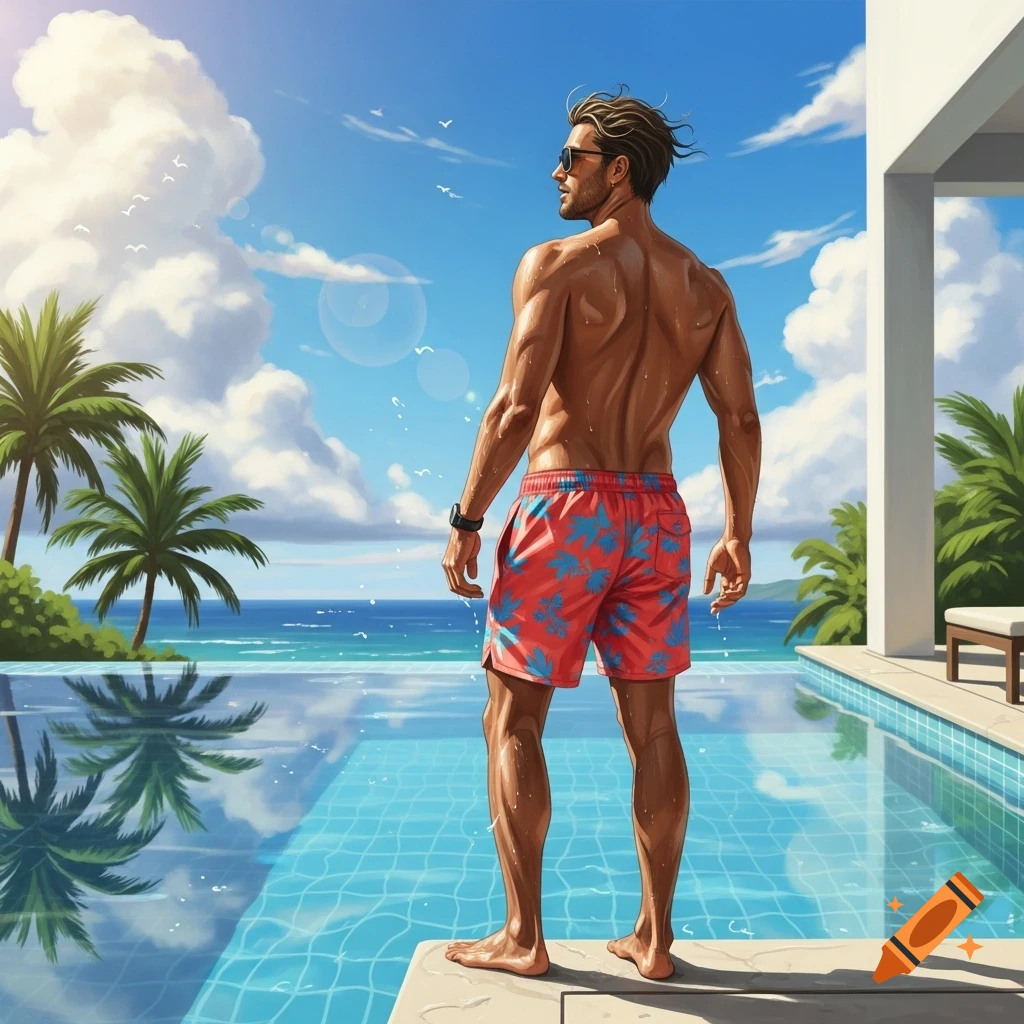 Muscular man in red swim trunks standing by an infinity pool, looking out at a tropical ocean with palm trees.