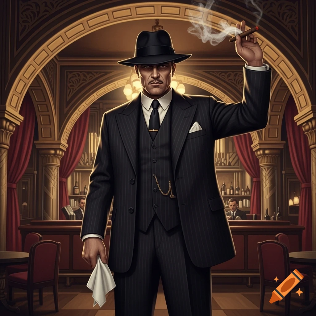 A man in a pinstripe suit and fedora holds a lit cigar and a white handkerchief in a vintage bar setting.