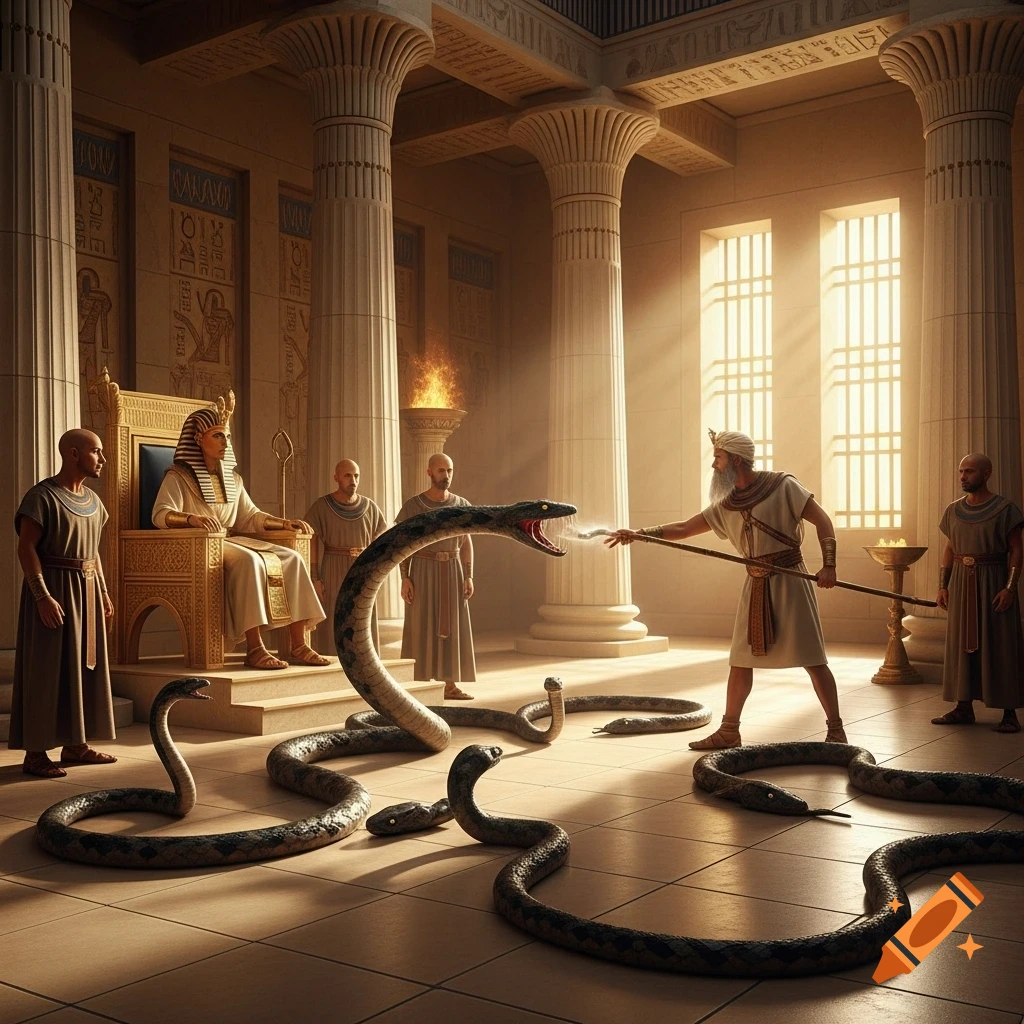 In an ancient Egyptian palace, Moses commands a giant snake devouring smaller snakes, while Pharaoh watches angrily from his throne and bald magicians look stunned.