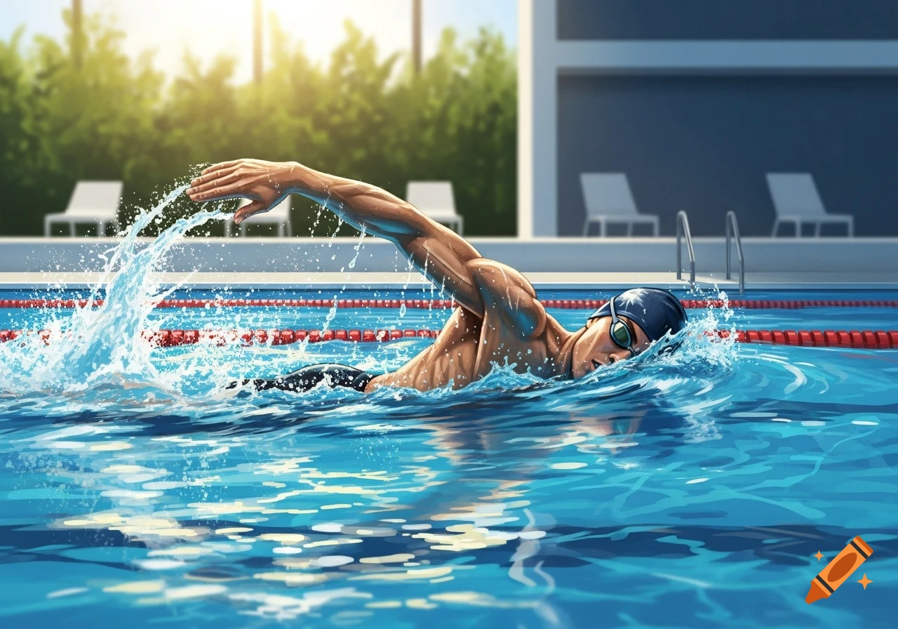 A male swimmer performs the freestyle stroke in an outdoor pool under sunny skies, water splashing around him. Stylized illustration.