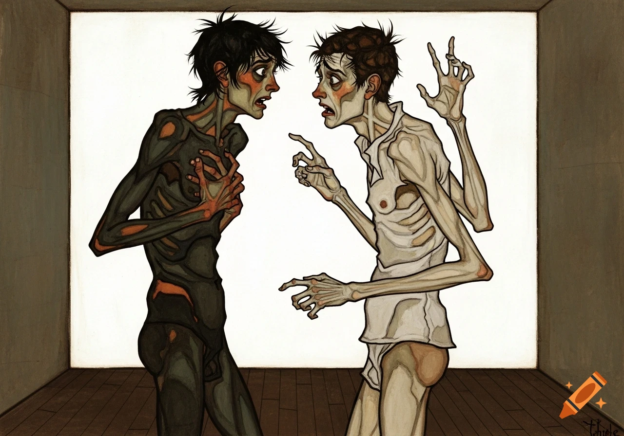 Two emaciated figures, one in dark clothing and one in white, face each other with fearful expressions in an Expressionist style painting.