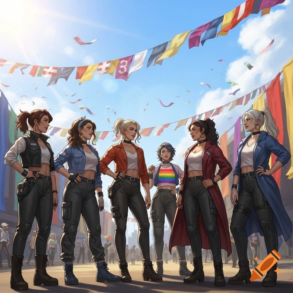 Illustration of six diverse women in casual attire standing together at a sunny outdoor festival with flags overhead, one wearing a rainbow shirt.